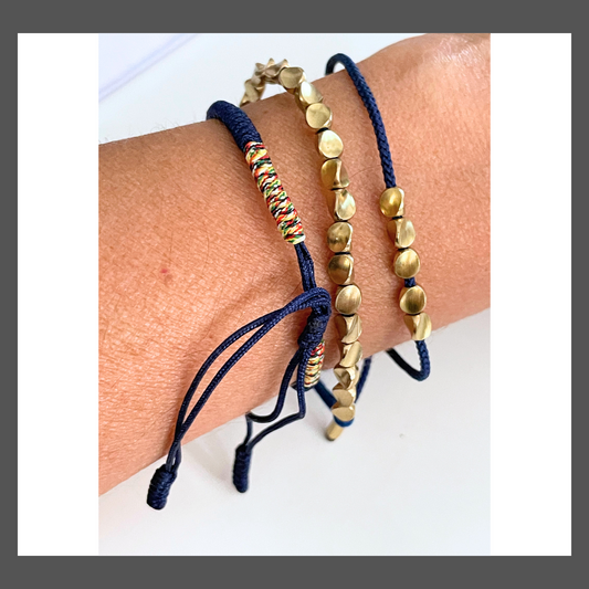 3 Pcs of Adjustable  Blue Cord Bracelet with Metal Beads