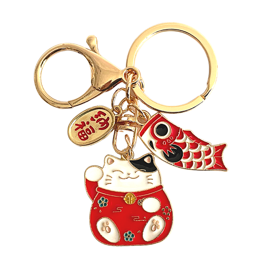 6 Pcs Lucky Cat with Red Carp Charm